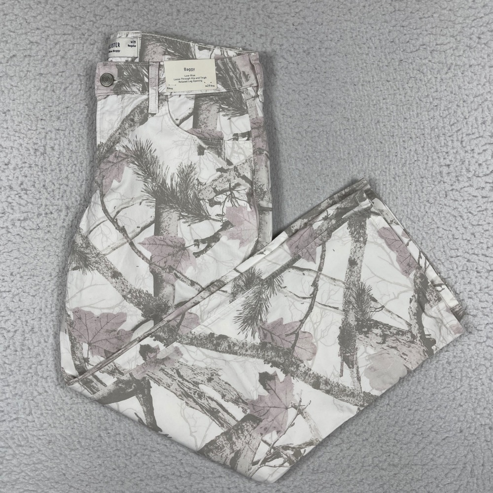 Hollister Baggy Jeans Womens 8 Regular W29‎ White Taupe Camo Tree Print Low Rise